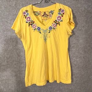 JW Los Angeles Embroidered V Neck T Shirt Womens XL Yellow Floral Boho FLA2